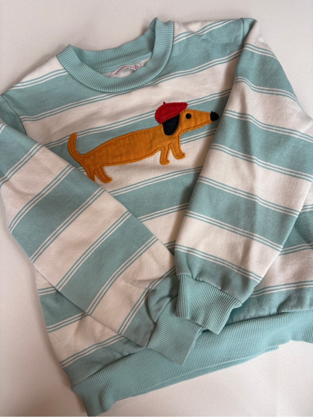 Monoprix Kids Mint & White Striped Top with Dog Applique